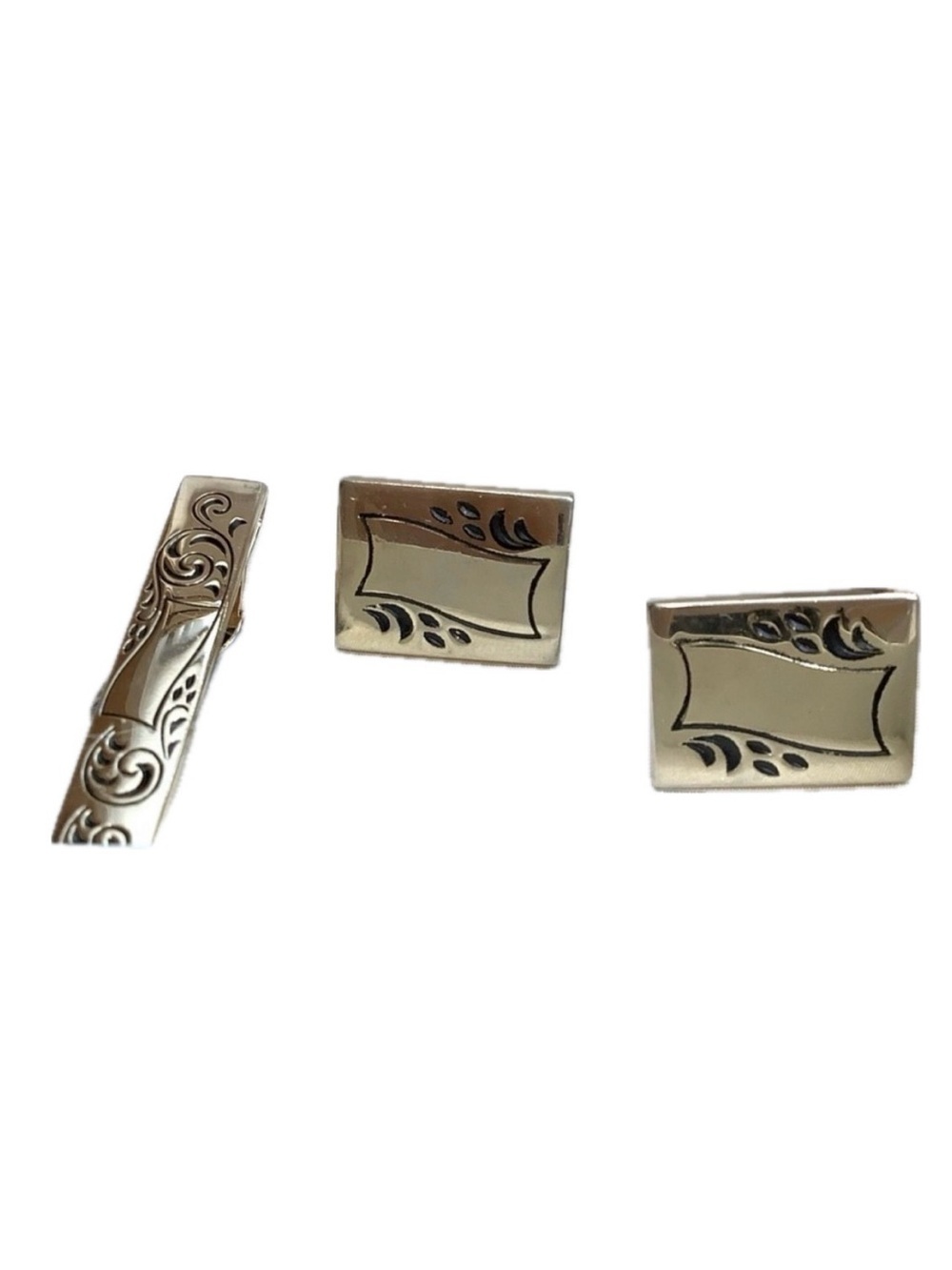 VINTAGE FOSTER Gold Tone Black Enamel Cufflinks Tie Clip Set Mid Century